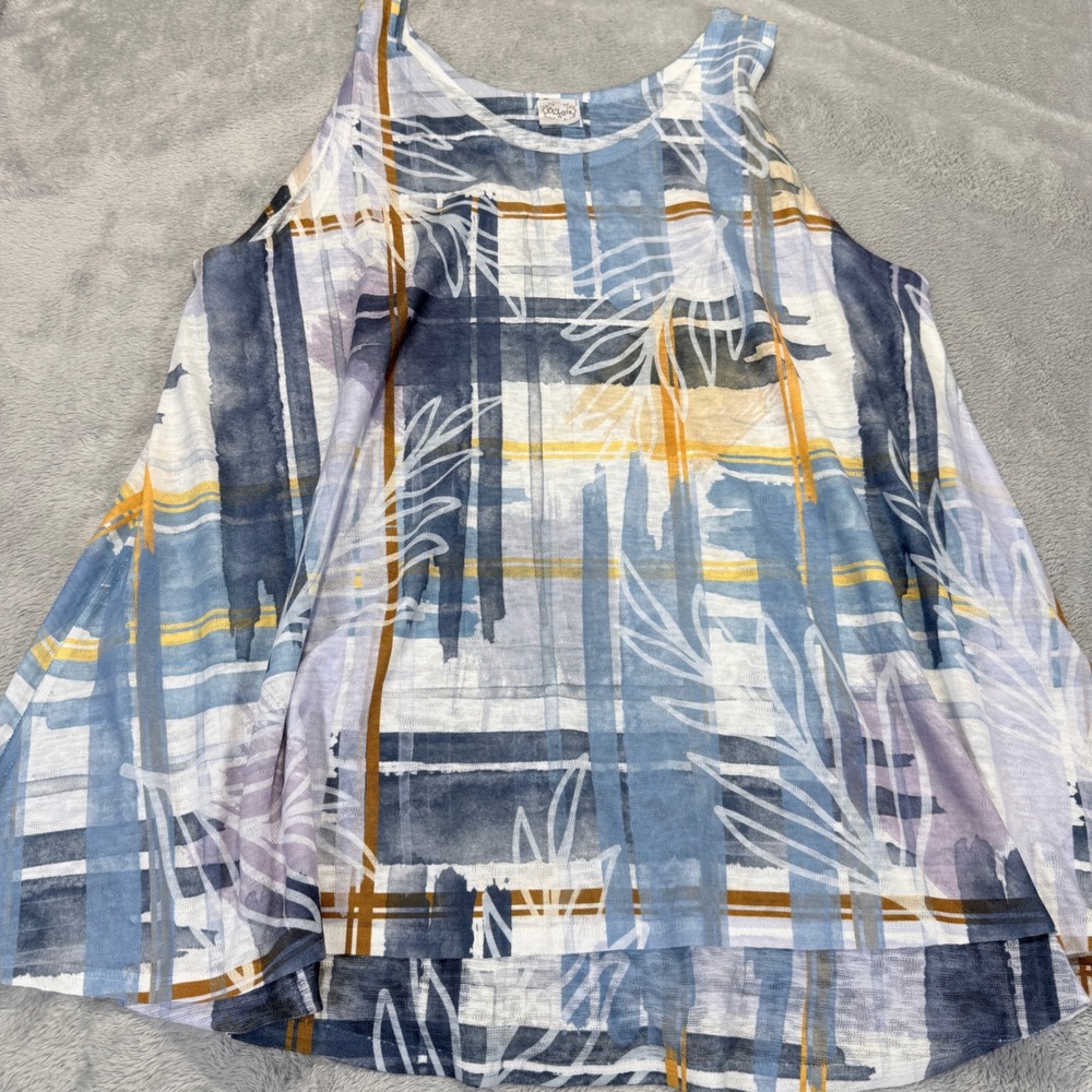 Et Lois Womens 2X Blue Plaid Abstract Leaf‎ Burnout Sleeveless Tank Top USA Made